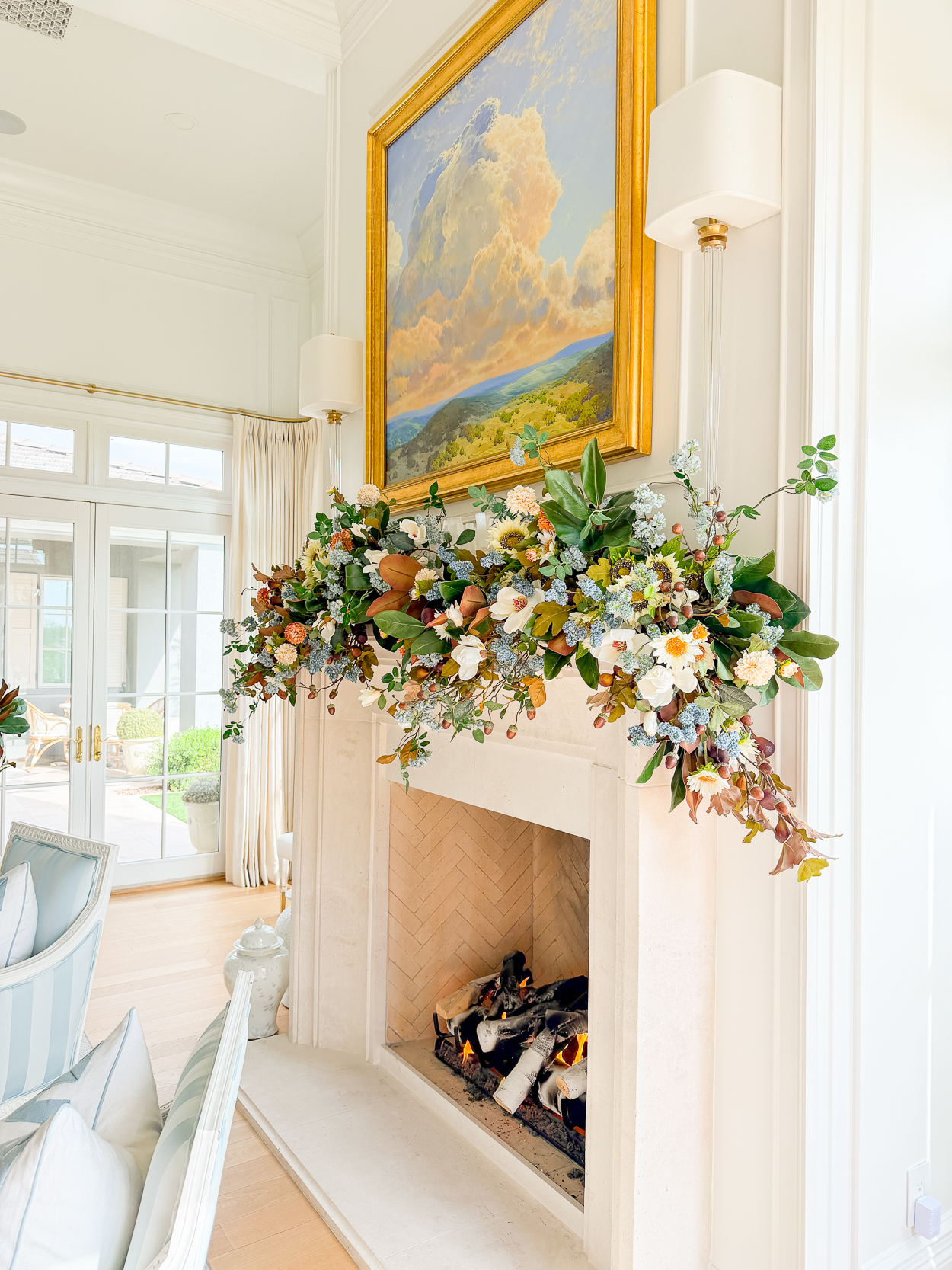 A Lush Fall Mantel with Soft Blues & Autumn Tones
