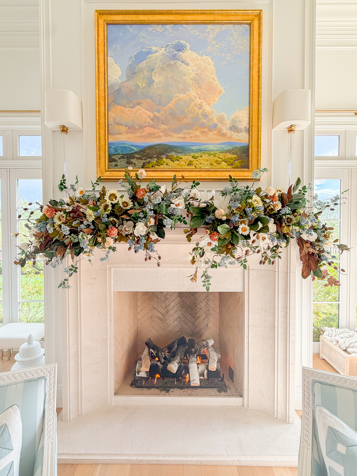 A Lush Fall Mantel with Soft Blues & Autumn Tones