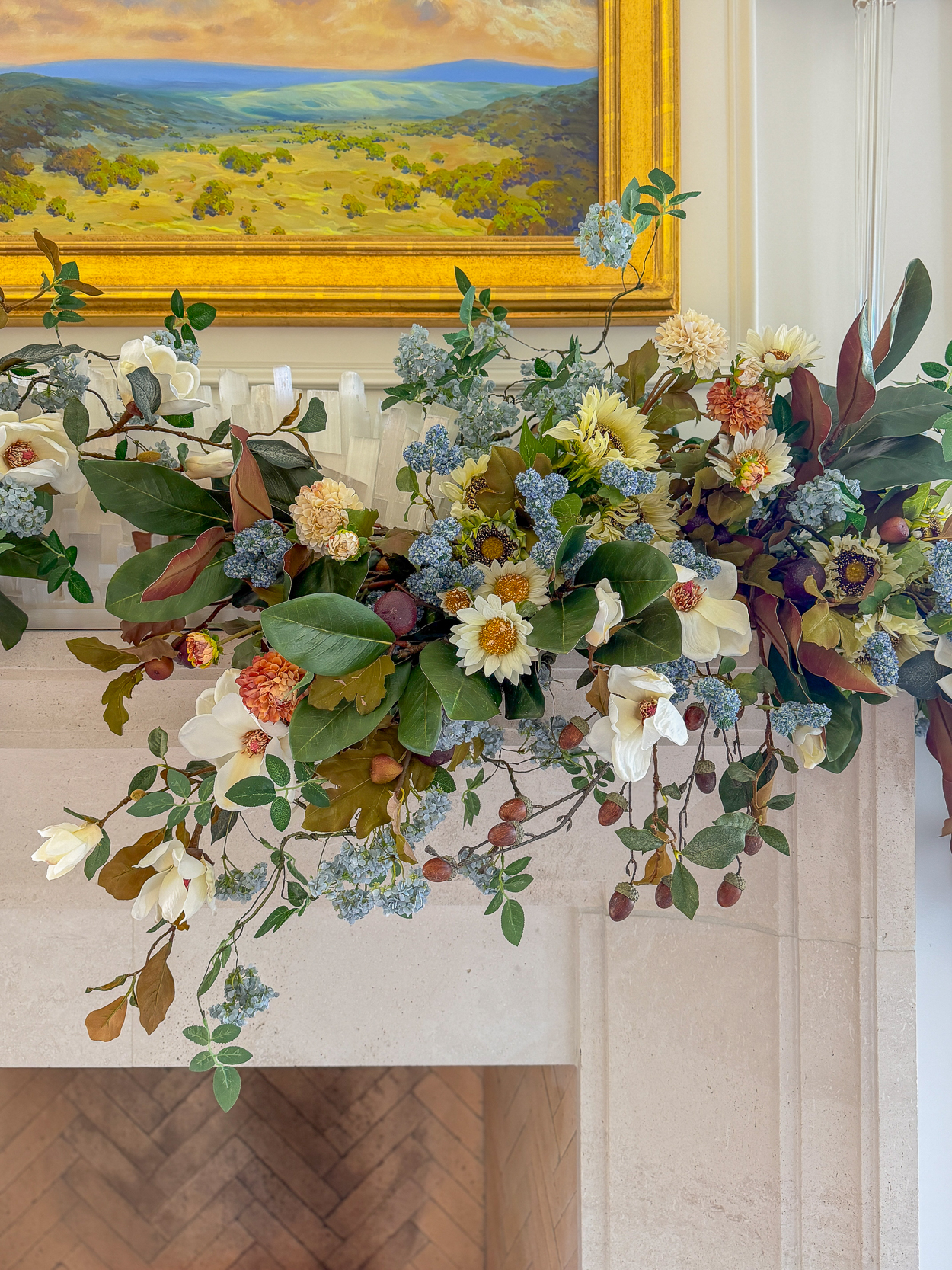 A Lush Fall Mantel with Soft Blues & Autumn Tones
